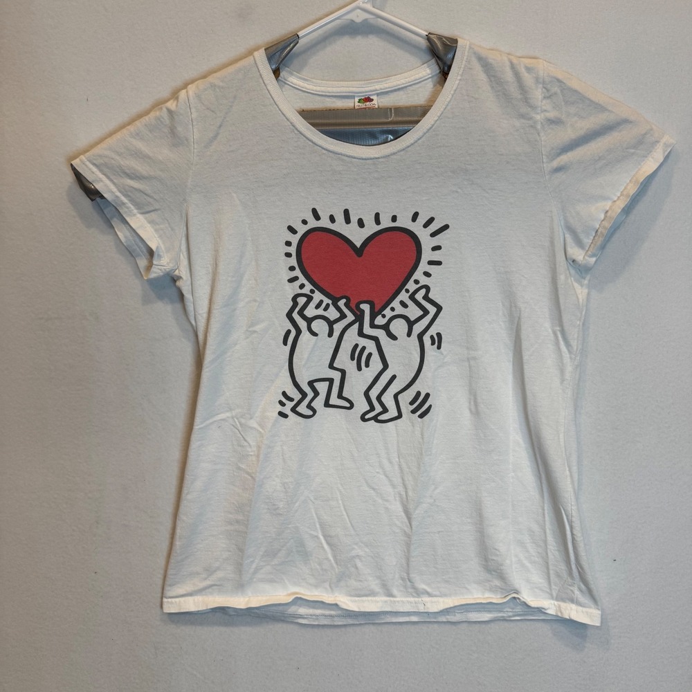 Fruit of the Loom Keith Haring Heart Graphic T-Shirt White XL Womens Cotton Tee